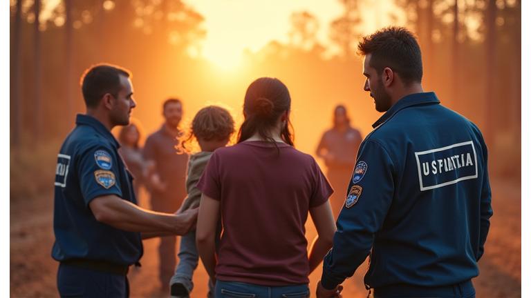 Emergency services personnel assisting a family after a natural disaster, showing community support