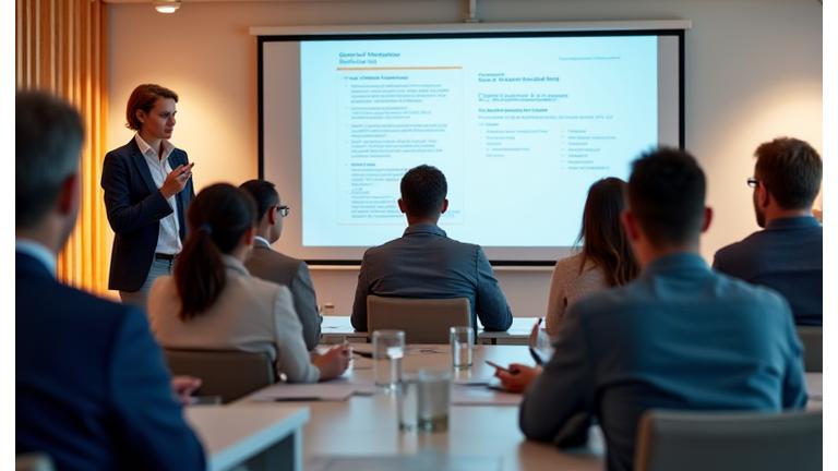 Adults learning about risk management in a workshop setting, led by an instructor