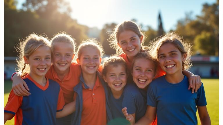 Local youth soccer team cheering with AusInsure Pro banner in the background