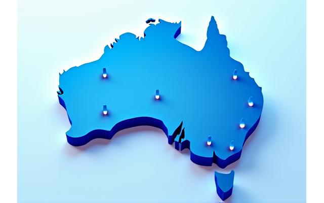 Map of Australia with pins on major cities: Sydney, Melbourne, Brisbane, Perth