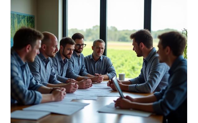 Farmers and business professionals discussing plans in a modern office with crops visible through window