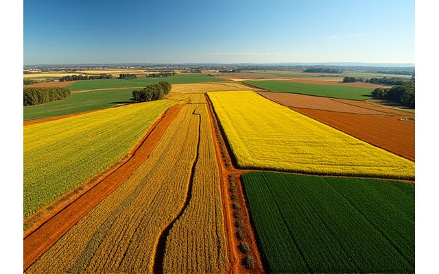 Vast Australian crop fields under a clear sky, showing diverse agriculture