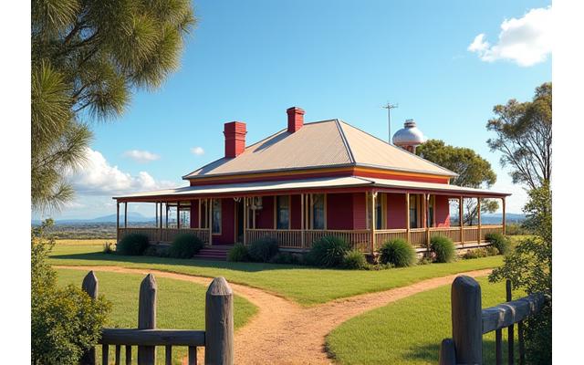 Traditional Australian farmhouse with surrounding farm infrastructure