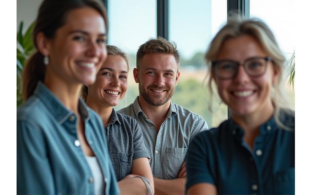 Diverse Australian business owners collaborating, representing various industries like agriculture, tech, retail, and manufacturing, against a backdrop of iconic Australian landmarks.