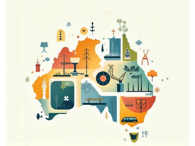 A collage of vibrant icons and imagery representing diverse Australian industries – healthcare, agriculture, tech, construction, retail – integrated seamlessly.