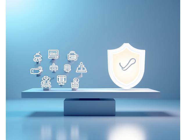 A balanced set of digital scales with business icons on one side and a shield on the other, representing liability protection in a complex business environment.