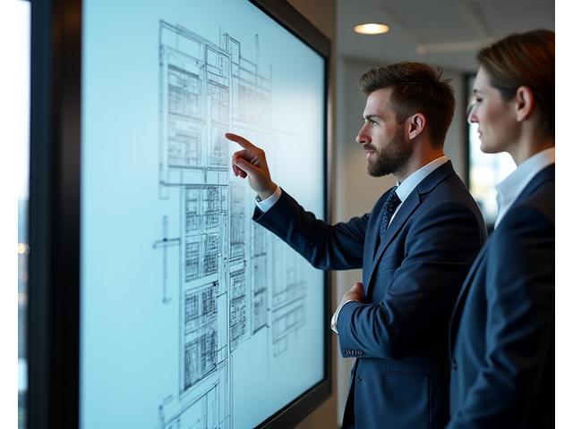 A professional architect reviewing blueprints with a diverse project team, representing professional services and attention to detail.