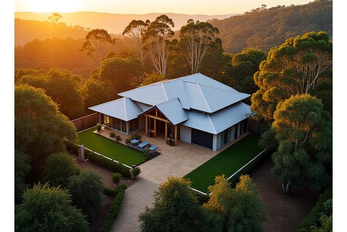 Aerial view of a well-prepared Australian home surrounded by fire-resistant landscaping in a bushfire prone area.