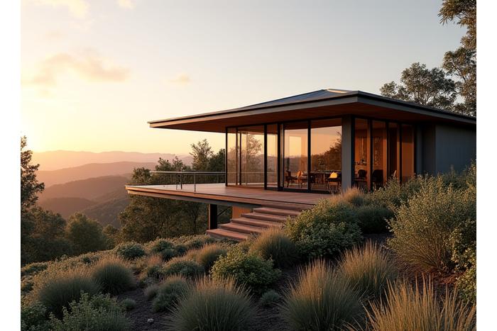 Modern, architecturally designed, sustainable home overlooking a resilient natural Australian landscape, symbolising future-proof living.
