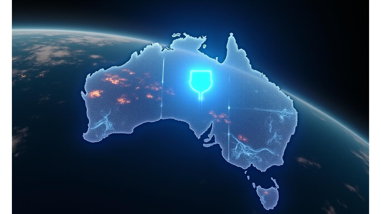 Satellite view of Australia with weather patterns highlighting bushfire, flood, and cyclone risks, overlaid with protective shield graphic.