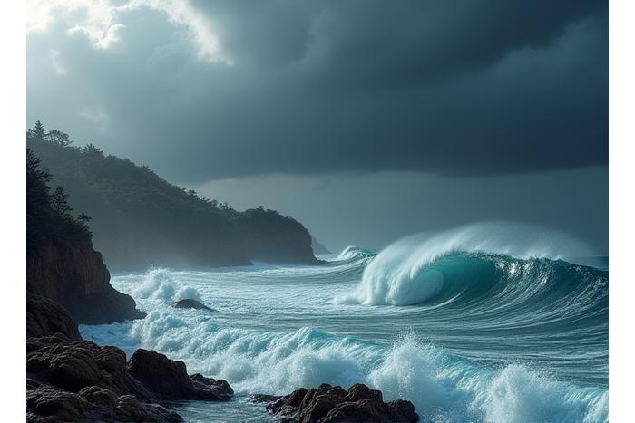 Dramatic view of a tropical cyclone approaching the Australian coast, depicting strong winds and heavy rainfall.