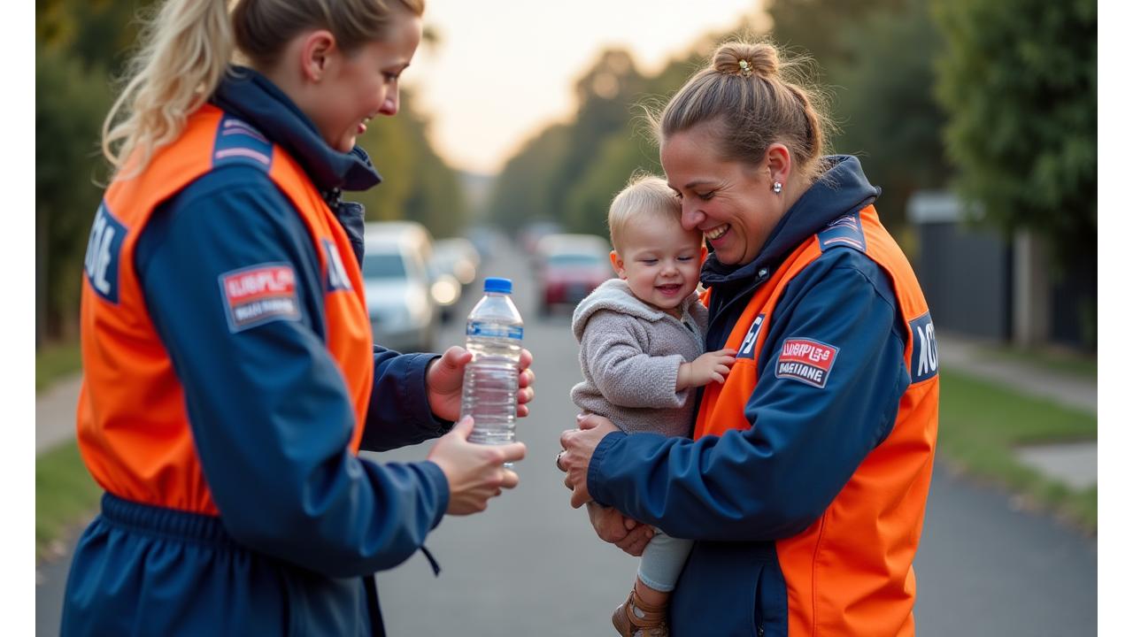 Emergency response team members in high-visibility gear, surveying damage after a natural disaster, helping a family.