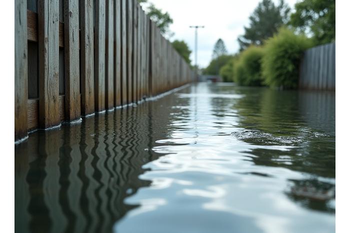 Partially submerged suburban fence line with rising floodwaters demonstrating inundation risks.