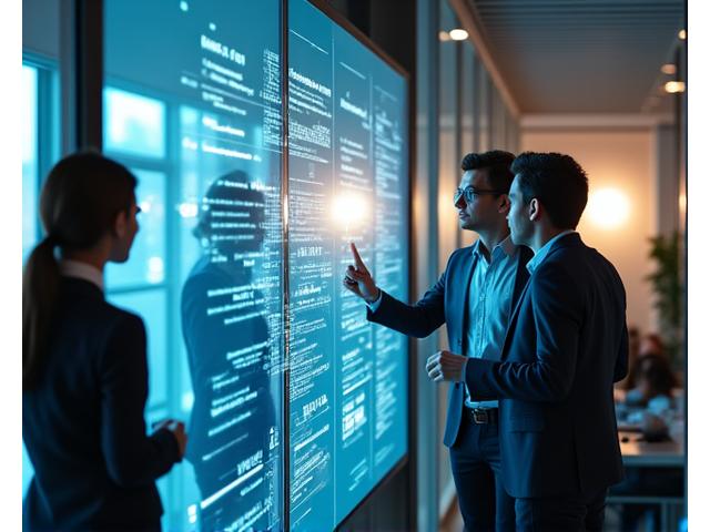 A diverse team of professionals collaboratively working in a modern office, shielded by digital security overlays, signifying business protection.