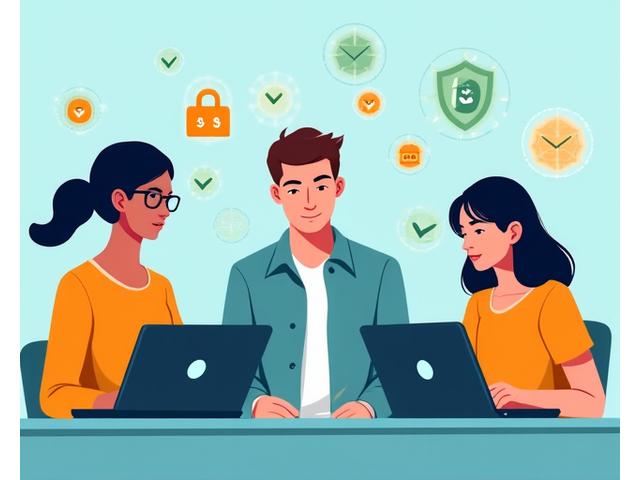 Illustration of diverse individuals engaged in online learning for cybersecurity, with digital shields and lock icons symbolizing knowledge and protection.