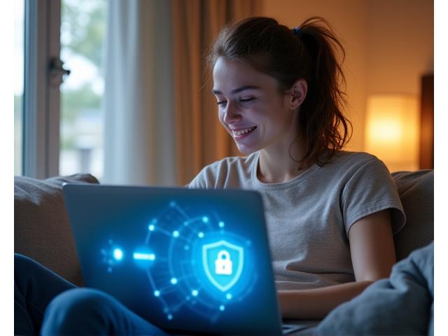 A woman confidently using a laptop at home, with glowing digital protections seamlessly integrated into the scene.