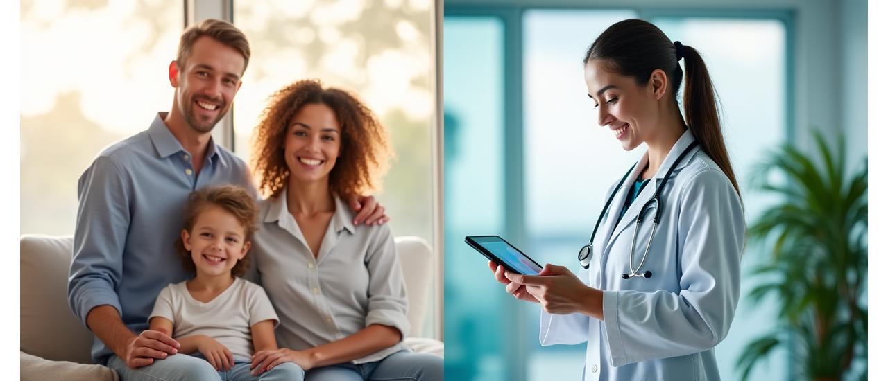 Dual image representing family health and medical professional at work on a tablet.