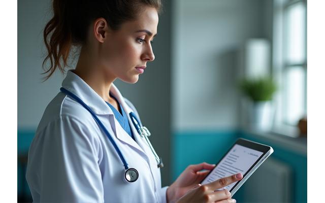 Medical professional reviewing documents, symbolizing diligent risk management and protection.