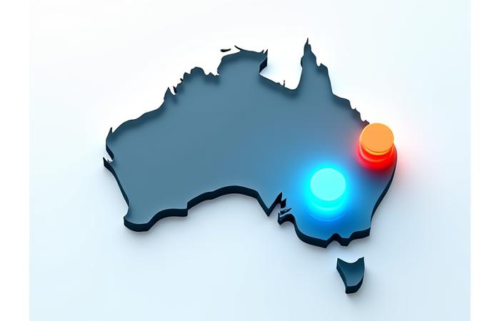 Stylized interactive map of Australia highlighting natural disaster zones (bushfires, floods, cyclones) with protective shield overlay