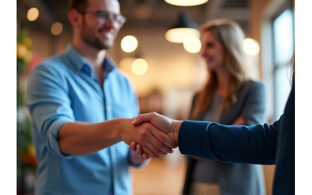 Successful Australian small business owner shaking hands with a client in a modern office setup