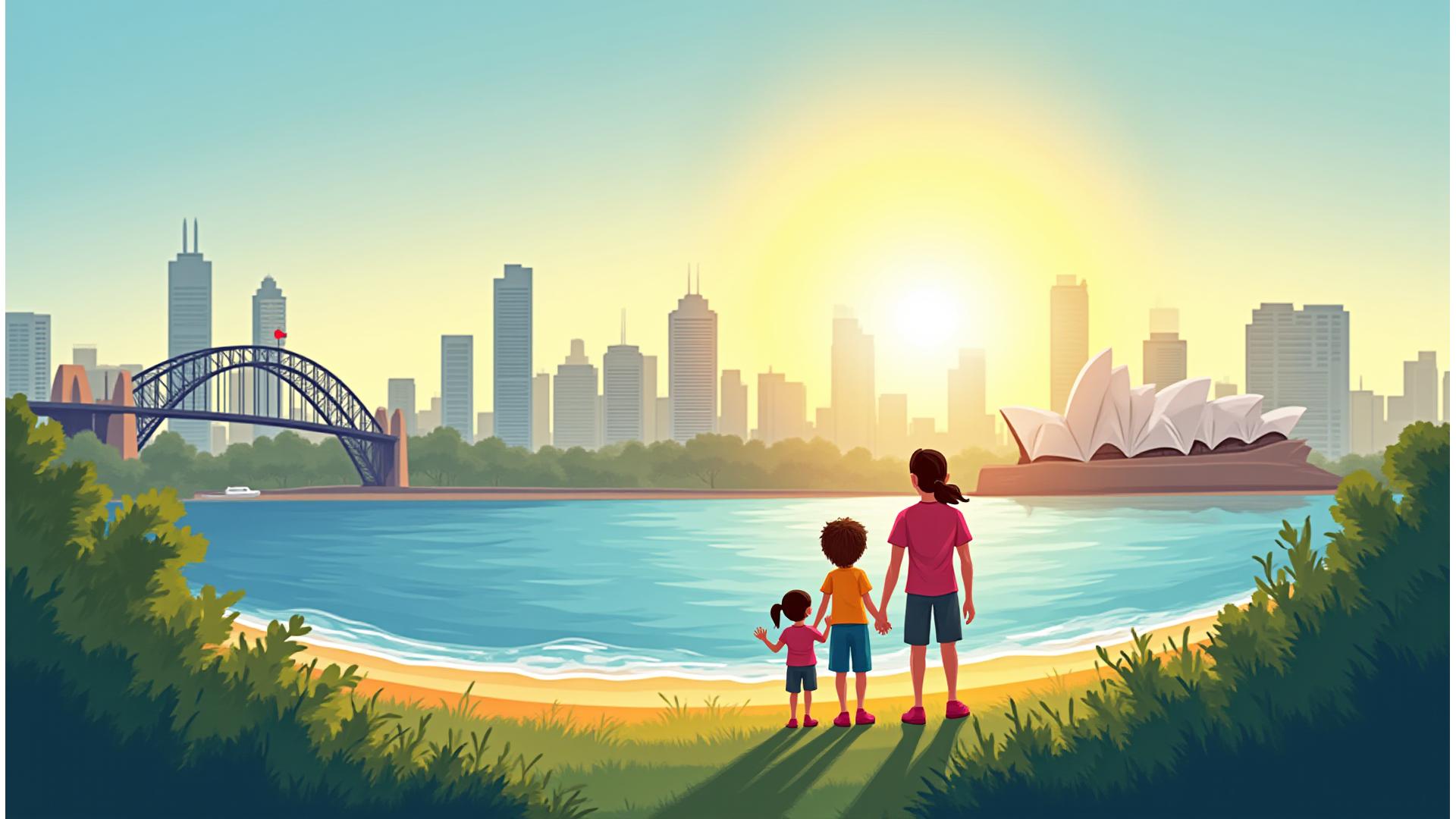 Panoramic view of Sydney skyline at dawn, with a vibrant Australian family enjoying a park in the foreground, subtly superimposed
