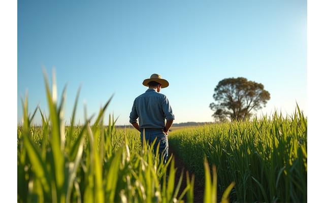 Australian farmers inspecting healthy crops and livestock, representing agribusiness and unique risks