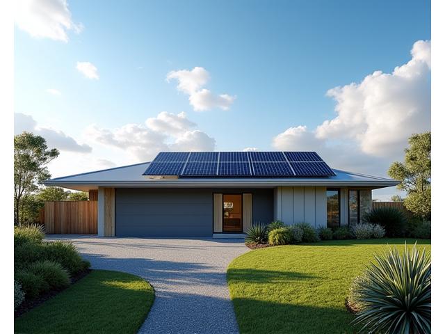A modern, sustainable Australian home with solar panels, surrounded by native flora under a serene blue sky, representing robust home insurance.