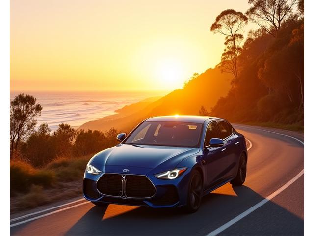 A sleek car driving safely on an Australian scenic highway, representing reliable motor vehicle insurance.