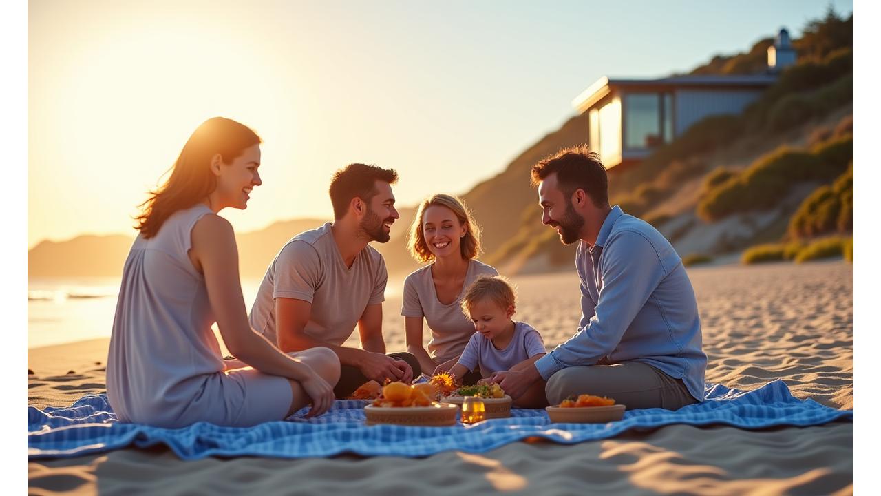 Modern Australian family enjoying outdoor activities, with a glimpse of a house and car in the background, symbolizing protected assets.
