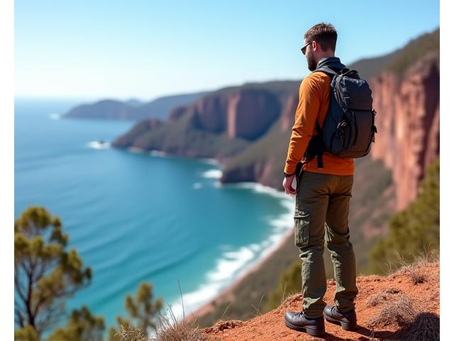 An adventurous Australian traveler exploring a natural landscape, symbolizing comprehensive travel insurance.