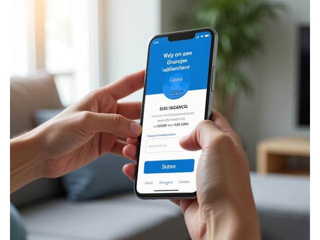A hand holding a mobile phone displaying a pet insurance claim form, indicating easy mobile claim submission and quick processing.