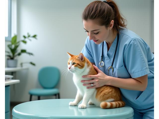 Veterinarian gently examining a domestic short-haired cat on an examination table, illustrating professional pet healthcare.