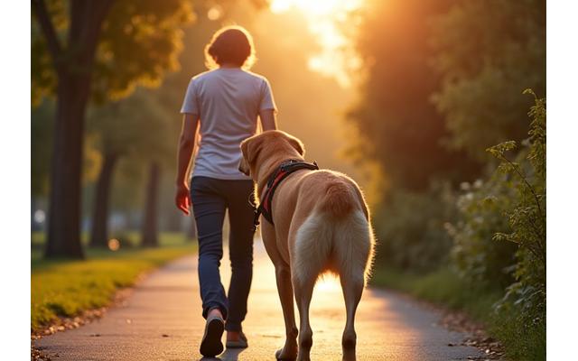 A guide dog gently leading its owner through a city park, symbolizing working animal coverage.