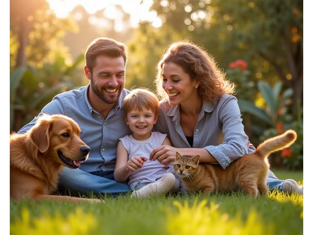 Diverse Australian family with their happy dog and cat in a sunny backyard, symbolizing pet protection and well-being.