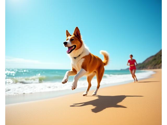 A healthy dog running joyfully on a beach with its owner, representing pet wellness and active lifestyle.