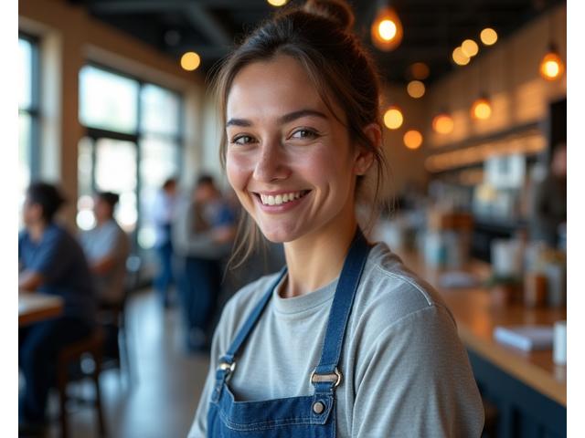Small café owner confidently managing her business, protected by unseen insurance.